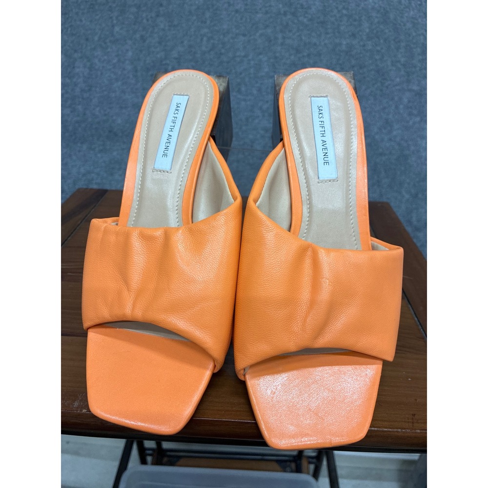 Saks Fifth Avenue Orange Leather Square Toe Marbled Block Heel Slide NWT 7M